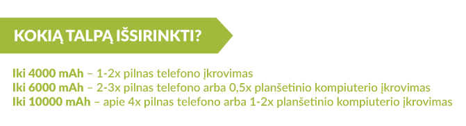 nešiojamo įkroviklio talpos pasirinkimas
