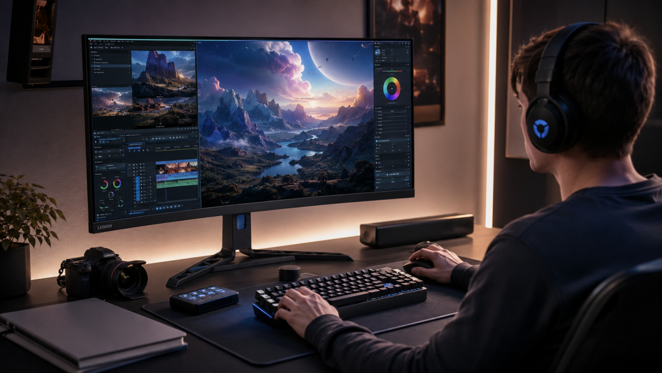 Vaikinas prie Lenovo monitoriaus žaidžia kompiuterinius žaidimus.
