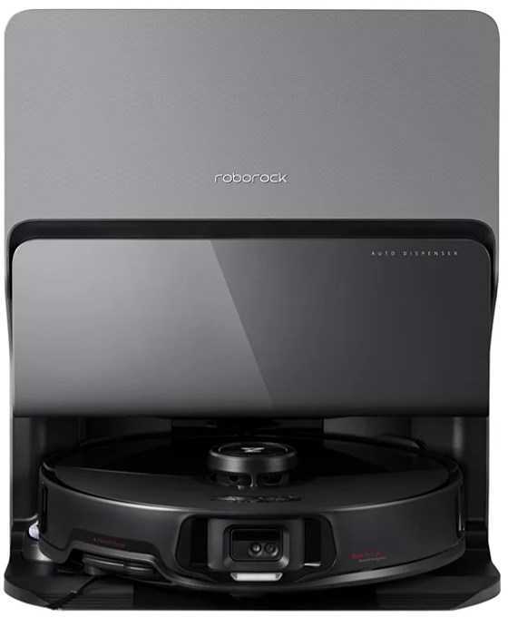 Robotas siurblys „Roborock S8 MaxV Ultra“. Juodos spalvos su stotele.