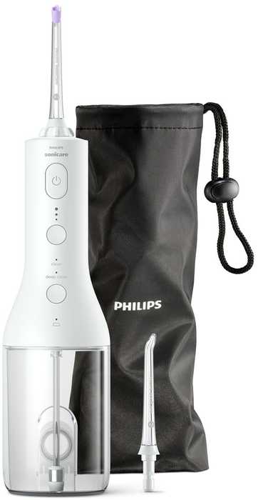 Philips Sonicare Cordless Power Flosser 3000 (HX3826/31), baltos spalvos irigatorius su juodu medžiaginiu dėkluo.