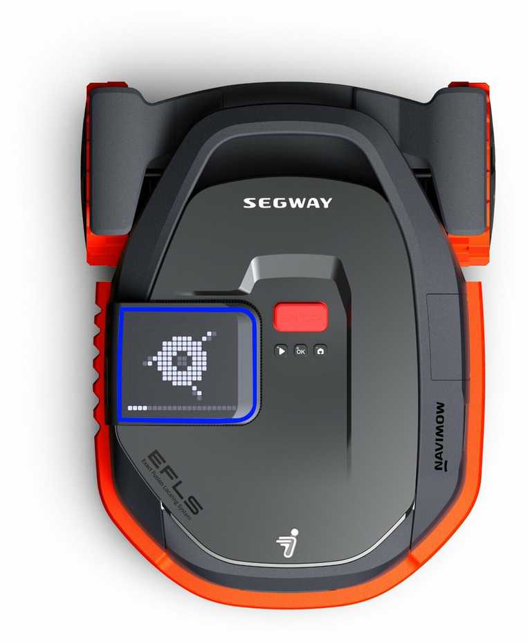 Žolės robotas Segway Navimow X315E, pilkšvas su raudona ir oranžine spalvomis.