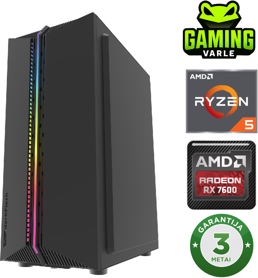 Varlė Gaming Flex su Ryzen 5 5500 ir RX 7600 stacionarus kompiuteris – galingas startas žaidimams.