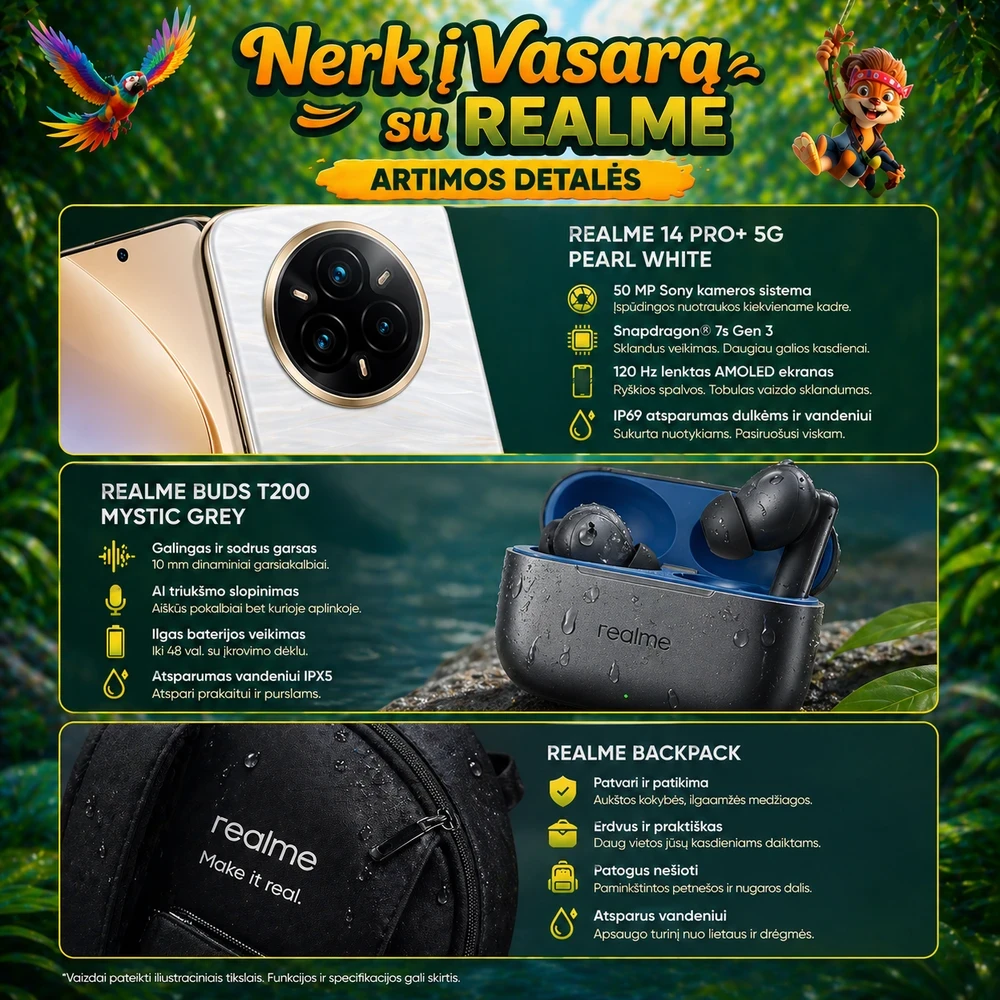 REALME VASAROS RINKINYS: Realme 14 PRO+ 5G 12/512GB Pearl White + Realme Buds T200 + Realme Backpack aprašymas - Prekės nuotrauka