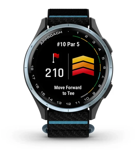 Išmanusis laikrodis Garmin Approach® J1, sidabrinis aliumininis korpusas su alyvos spalvos „ComfortFit“ medžiaginiu dirželiu | 010-03898-10 aprašymas - Prekės nuotrauka
