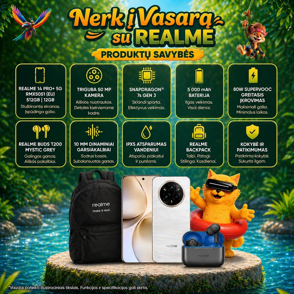 REALME VASAROS RINKINYS: Realme 14 PRO+ 5G 12/512GB Pearl White + Realme Buds T200 + Realme Backpack aprašymas - Prekės nuotrauka