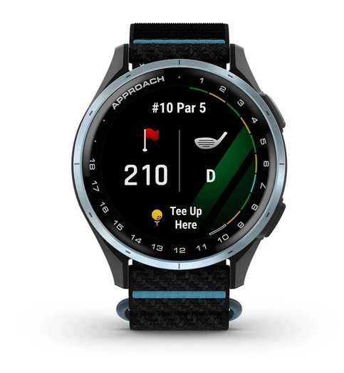 Išmanusis laikrodis Garmin Approach® J1, sidabrinis aliumininis korpusas su alyvos spalvos „ComfortFit“ medžiaginiu dirželiu | 010-03898-10 aprašymas - Prekės nuotrauka