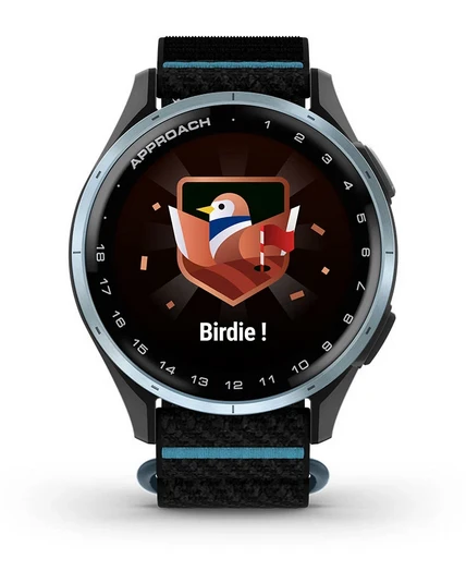 Išmanusis laikrodis Garmin Approach® J1, sidabrinis aliumininis korpusas su alyvos spalvos „ComfortFit“ medžiaginiu dirželiu | 010-03898-10 aprašymas - Prekės nuotrauka