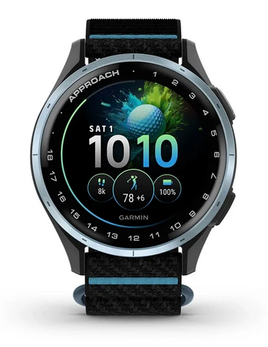 Išmanusis laikrodis Garmin Approach® J1, sidabrinis aliumininis korpusas su alyvos spalvos „ComfortFit“ medžiaginiu dirželiu | 010-03898-10 aprašymas - Prekės nuotrauka