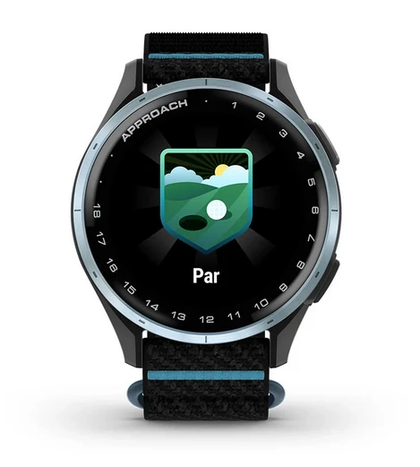 Išmanusis laikrodis Garmin Approach® J1, sidabrinis aliumininis korpusas su alyvos spalvos „ComfortFit“ medžiaginiu dirželiu | 010-03898-10 aprašymas - Prekės nuotrauka