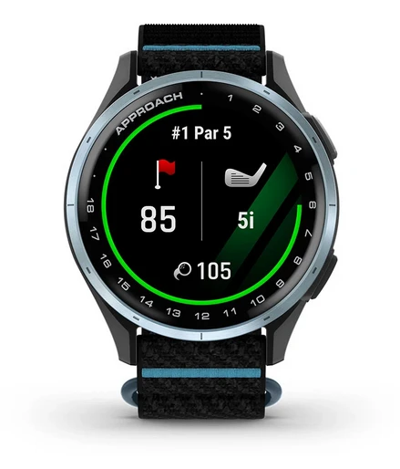 Išmanusis laikrodis Garmin Approach® J1, sidabrinis aliumininis korpusas su alyvos spalvos „ComfortFit“ medžiaginiu dirželiu | 010-03898-10 aprašymas - Prekės nuotrauka