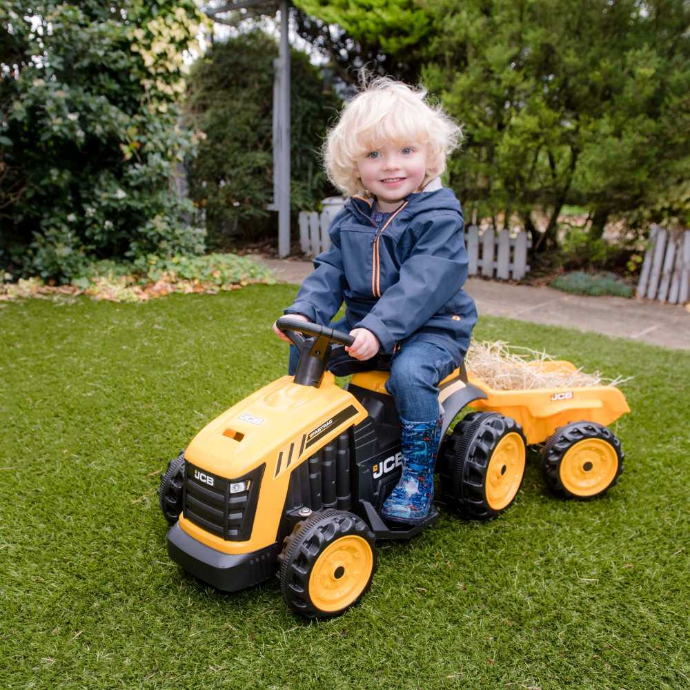 EVO JCB Akumuliatorinis traktorius vaikams su nuimama priekaba, geltonos spalvos aprašymas - Prekės nuotrauka