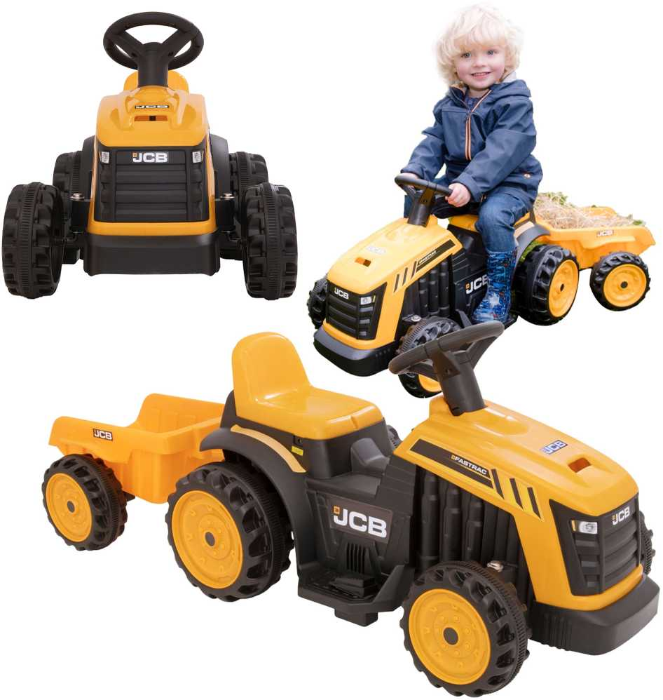 EVO JCB Akumuliatorinis traktorius vaikams su nuimama priekaba, geltonos spalvos aprašymas - Prekės nuotrauka