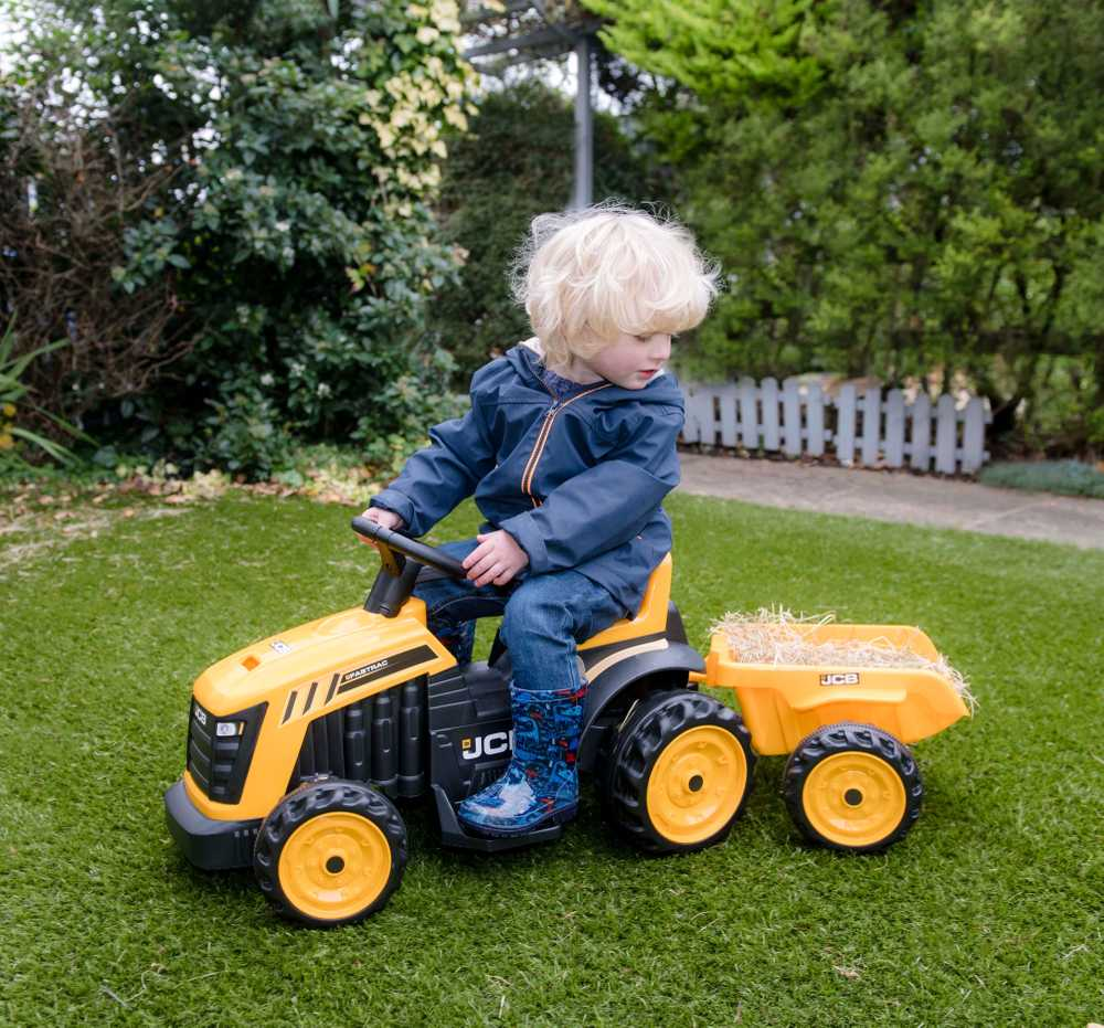 EVO JCB Akumuliatorinis traktorius vaikams su nuimama priekaba, geltonos spalvos aprašymas - Prekės nuotrauka