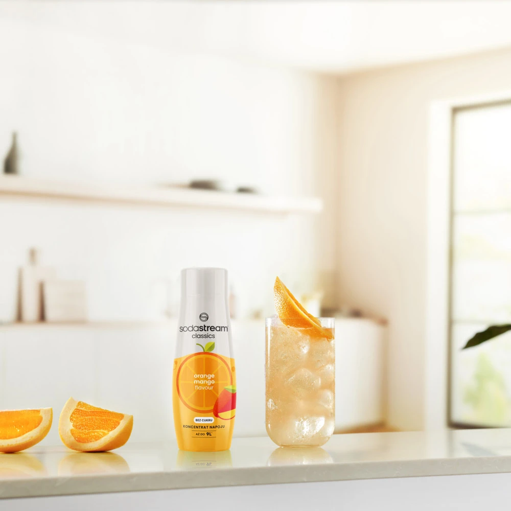 Becukris apelsinų ir mangų skonio sirupas SodaStream Classics Orange Mango Zero, 440 ml aprašymas - Prekės nuotrauka