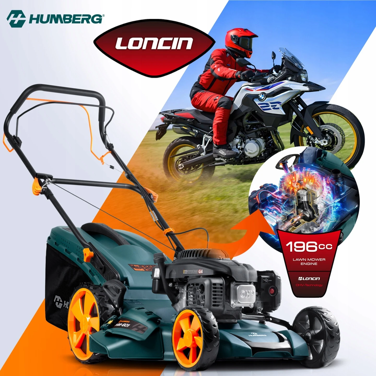 Benzininė savaeigė vejapjovė „Humberg HM-601“ 51 cm, 70 l, „Loncin“ 196 cc + alyva aprašymas - Prekės nuotrauka