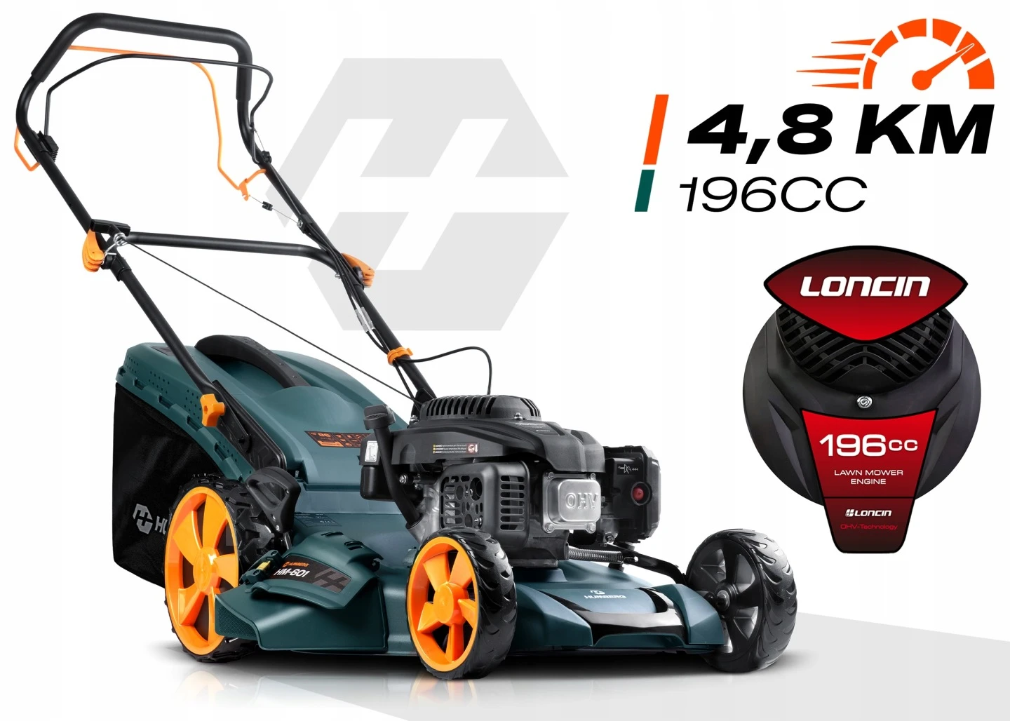 Benzininė savaeigė vejapjovė „Humberg HM-601“ 51 cm, 70 l, „Loncin“ 196 cc + alyva aprašymas - Prekės nuotrauka