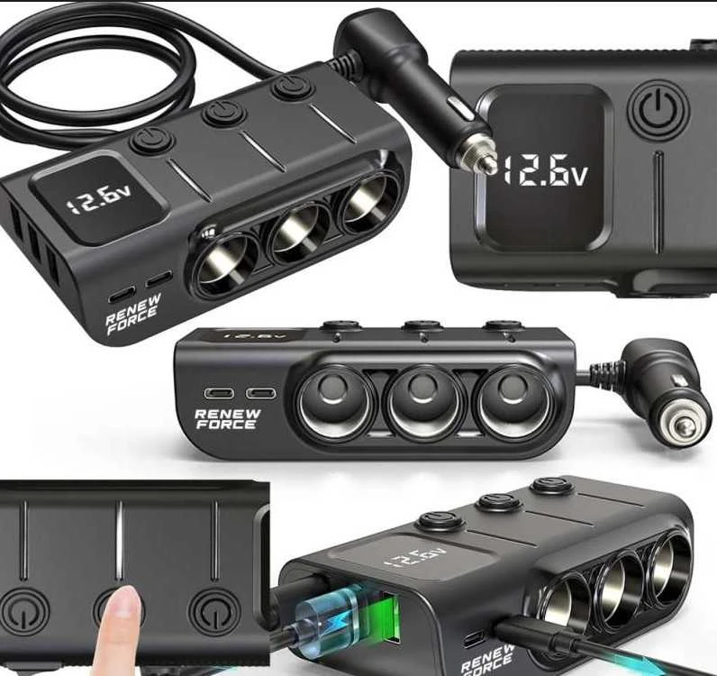 Šakotuvas GC01 3 USB + 1 Type-C + 1 PD automobilinis 12-24V prievadas įkroviklis, 3 lizdai, skaitmeninis ekranas įkrovimo adapteris