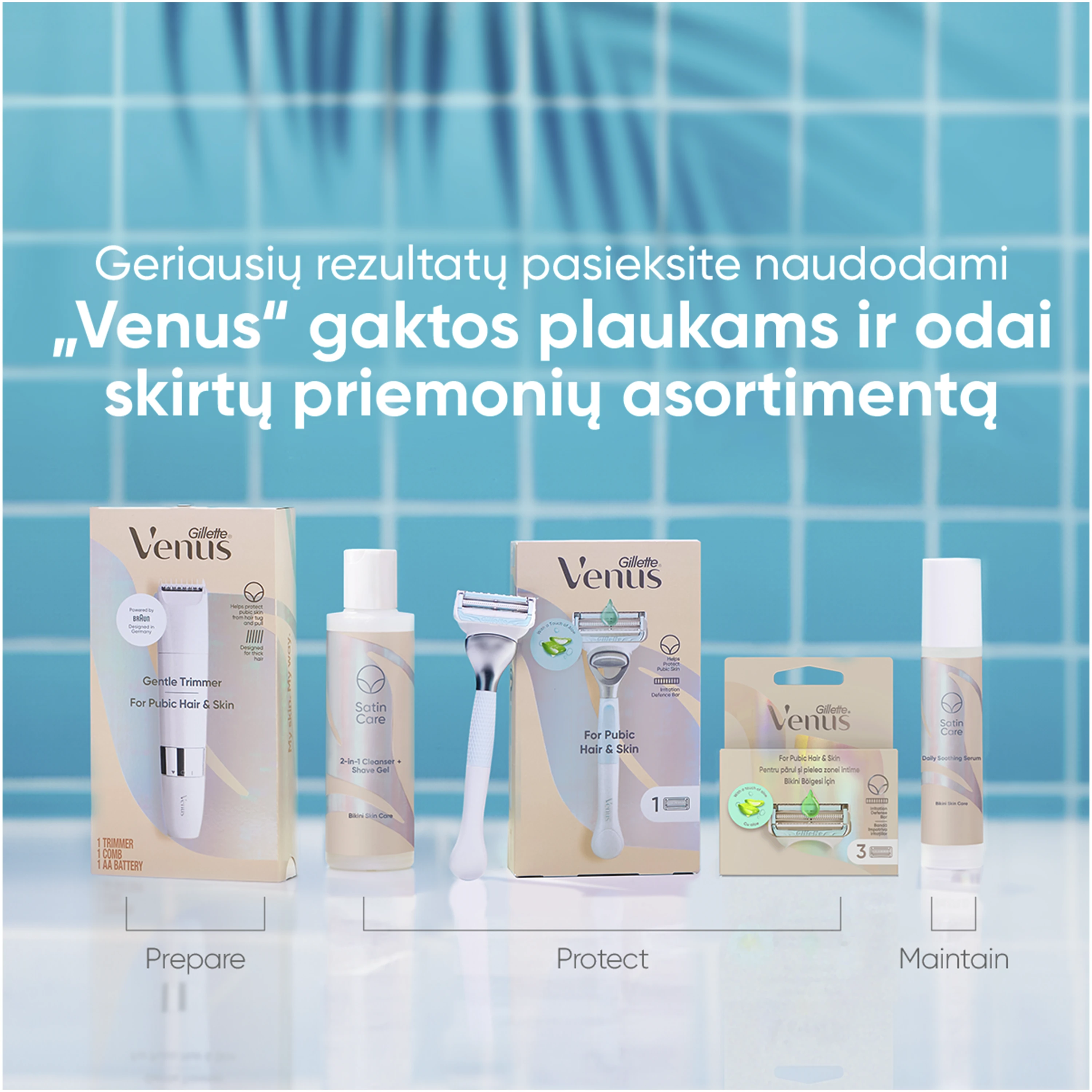 Gillette Venus Satin Care Aloe skustuvas intymios srities plaukams + galvutė 5 vnt. aprašymas - Prekės nuotrauka