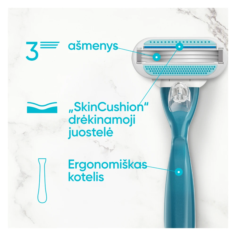 „Gillette Venus“ skustuvo rankenėlė ir 5 keičiamos skustuvo galvutės aprašymas - Prekės nuotrauka