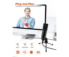 FIFINE T732 juodas kondensatorinis mikrofonas su laidu + laikiklis | USB