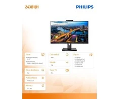 Monitorius MMD-MONITORIAI &amp; EKRANAI PHILIPS 243B1JH/00 23,8 colio IPS WLED 1920x1080 galios/šviesos jutiklis DP/HDMI USB-C 3.2/USB 3.2/Ekranas Link