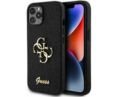 Guess PU Fixed Glitter 4G Metal Logo dėklas telefonui Apple iPhone 12/12 Pro juodos spalvos