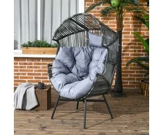 "Outsunny" rotango fotelis, rotango pintas fotelis su stora sėdynės pagalvėle, kiaušinio formos sodo fotelis, 120 kg keliamoji galia, skirtas terasai, sodui, pilkos spalvos