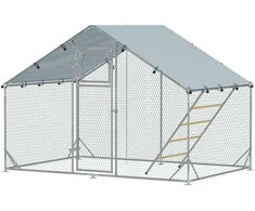 "PawHut" viščiukų aptvaras, pagamintas iš plieno, 300 x 200 x 195 cm viščiukų narvas su UV spinduliams atspariu dangčiu, šėrimo durelėmis, pakabinama lesyklė, lesykla, aptvaras 6-8 viščiukams, smulkiems gyvūnams, sidabrinės spalvos