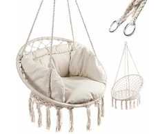 Boho stiliaus pakabinamas krėslas su pagalvėle 80 cm | 150 kg | spalva: ecru