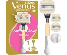 Gillette Venus ComfortGlow Argan Oil skustuvas, 3 keičiamos skustuvo galvutės, sieninis laikiklis