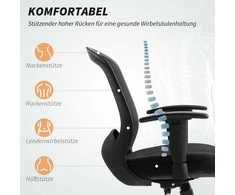 HOMCOM Biuro kėdė su tinkleliu, reguliuojamo aukščio biuro kėdė su tinklelio atlošu, ratukai, su supimo funkcija, juoda