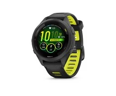 Išmanusis laikrodis Garmin Forerunner 265S. Juodas apvadas ir korpusas su juodos bei „Amp Geltona“ (geltonos) spalvos silikoniniu dirželiu