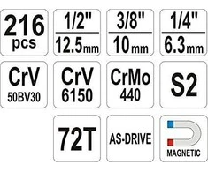 Įrankių rinkinys XXL Vorel 58700 - 1/4'', 3/8'', 1/2'' - 216 vnt