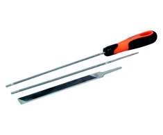 Bahco Grandinės galandinimo rinkinys:2 apvalios 4,8mm, plokščia ir Ergo rankena