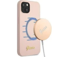 Apple iPhone 13 Guess dėklas silikoninis Script Gold Logo Magsafe (GUHMP13MLSLMGLP) light rožinės spalvos