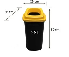 28L juoda plastikinė šiukšlių dėžė su geltonu atviru dangčiu