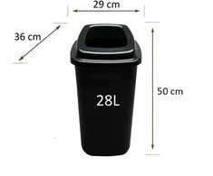 28L juoda plastikinė šiukšlių dėžė su juodu atviru dangčiu