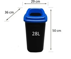 28L juoda plastikinė šiukšlių dėžė su mėlynu atviru dangčiu