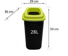 28L juoda plastikinė šiukšlių dėžė su žaliu atviru dangčiu