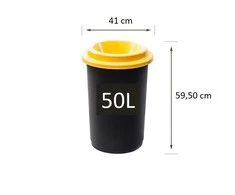 50L juoda plastikinė šiukšlių dėžė su geltonu atviru dangčiu