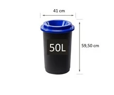 50L juoda plastikinė šiukšlių dėžė su mėlynu atviru dangčiu