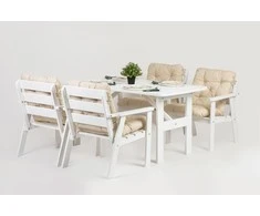 Lauko baldų komplektas, stalas ir 4 kėdės su pagalvėmis, balta + beige