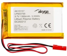Lithium Polymer Baterija Akyga AKY0107 LP503759 Li-Po 3.7V 1350mAh PCM JST 2.54 2-Pin Connector 150mm