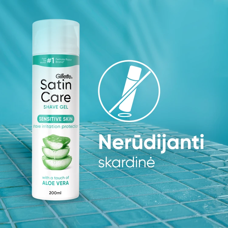 Skutimosi želė Gillette Satin Care Sensitive Aloe Vera Glide, 200 ml aprašymas - Prekės nuotrauka