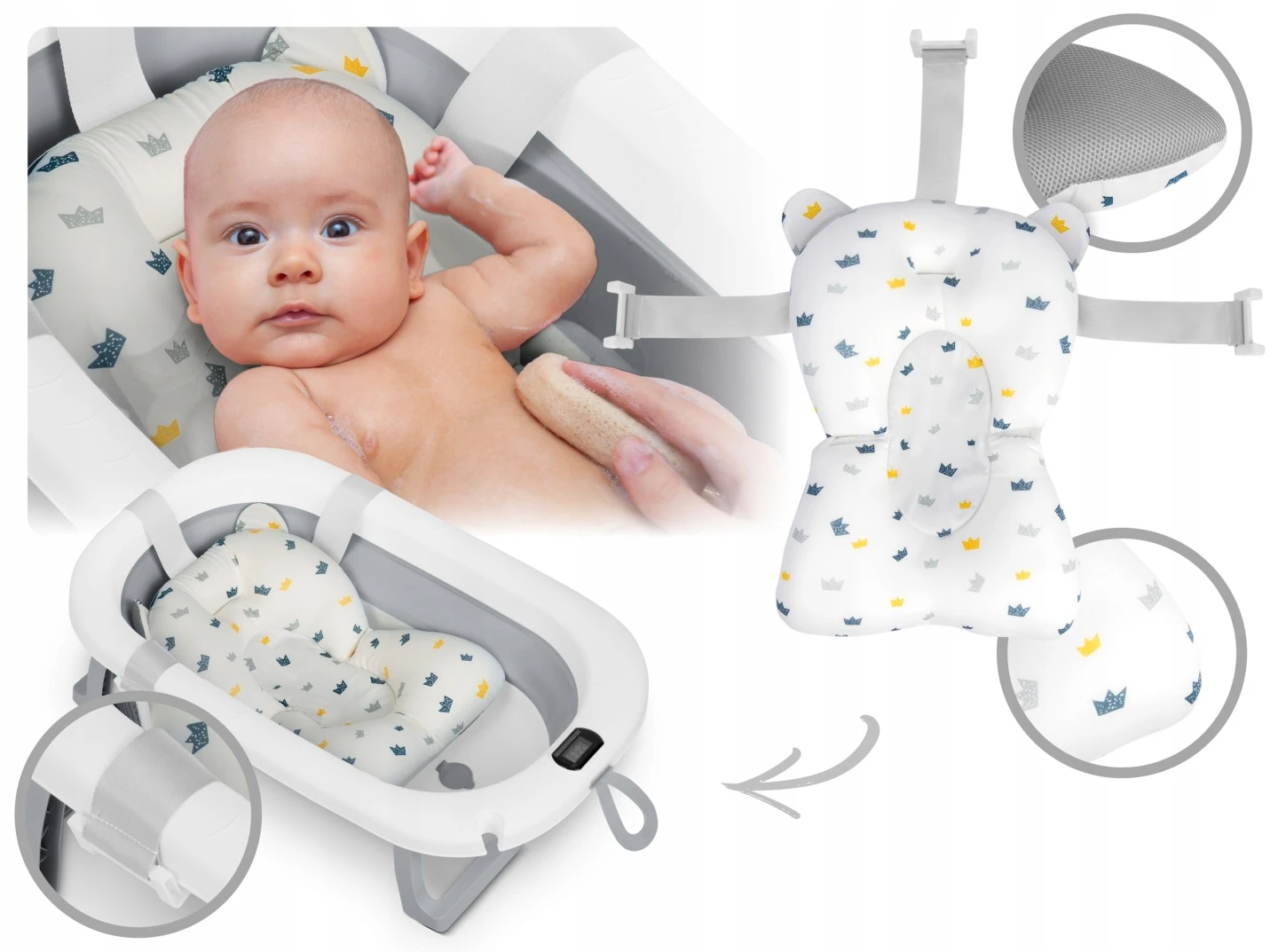 Sulankstoma vonelė vaikams su naujagimiams skirtu įdėklu ir integruotu termometru „Ricokids RK-287“, balta/pilka aprašymas - Prekės nuotrauka