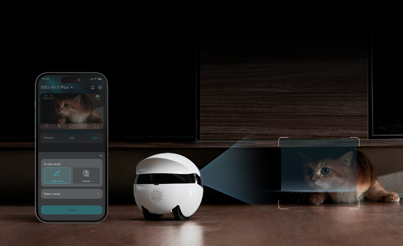 Namų robotas kompanijonas Enabot EBO Air 2 Plus FamilyBot su stebėjimo ir skambučių funkcija, violetinis aprašymas - Prekės nuotrauka