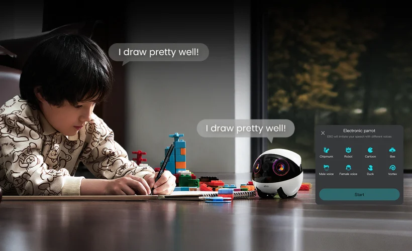 Namų robotas kompanijonas Enabot EBO Air 2 Plus FamilyBot su stebėjimo ir skambučių funkcija, violetinis aprašymas - Prekės nuotrauka