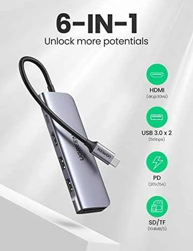Šakotuvas Ugreen CM195 6-in-1 USB-C aprašymas - Prekės nuotrauka