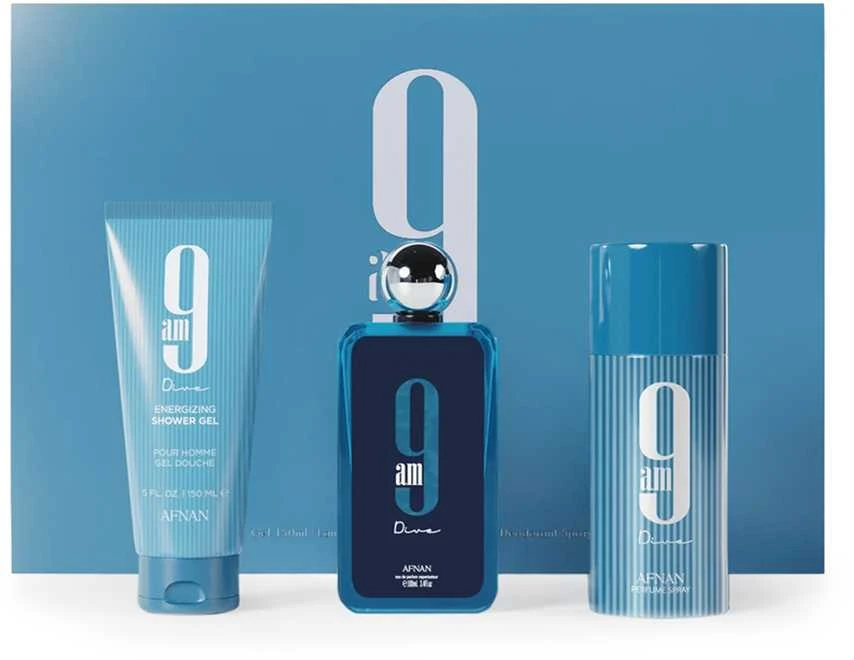 Unisex kvepalų rinkinys Afnan 9am Dive (EDP, 100 ml + purškiamas dezodorantas, 150 ml + dušo želė, 150 ml) aprašymas - Prekės nuotrauka