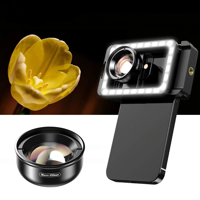 100 mm telefono makro objektyvas APEXEL APL-HB100FL23, su LED aprašymas - Prekės nuotrauka